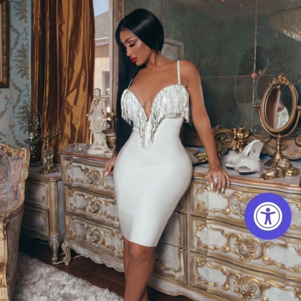 Glamorous White Bodycon Dress with Diamond Accents